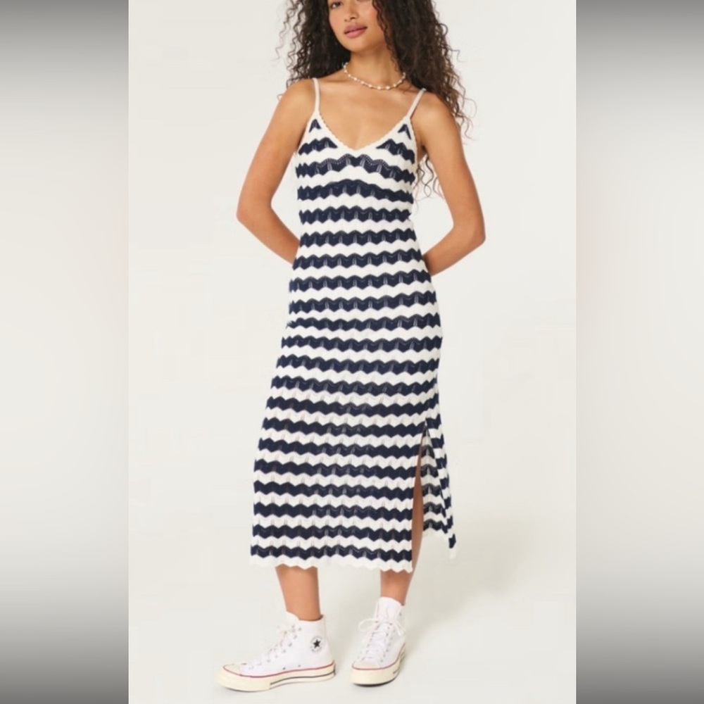 Hollister -Cotton midi dress. (XL) navy&white